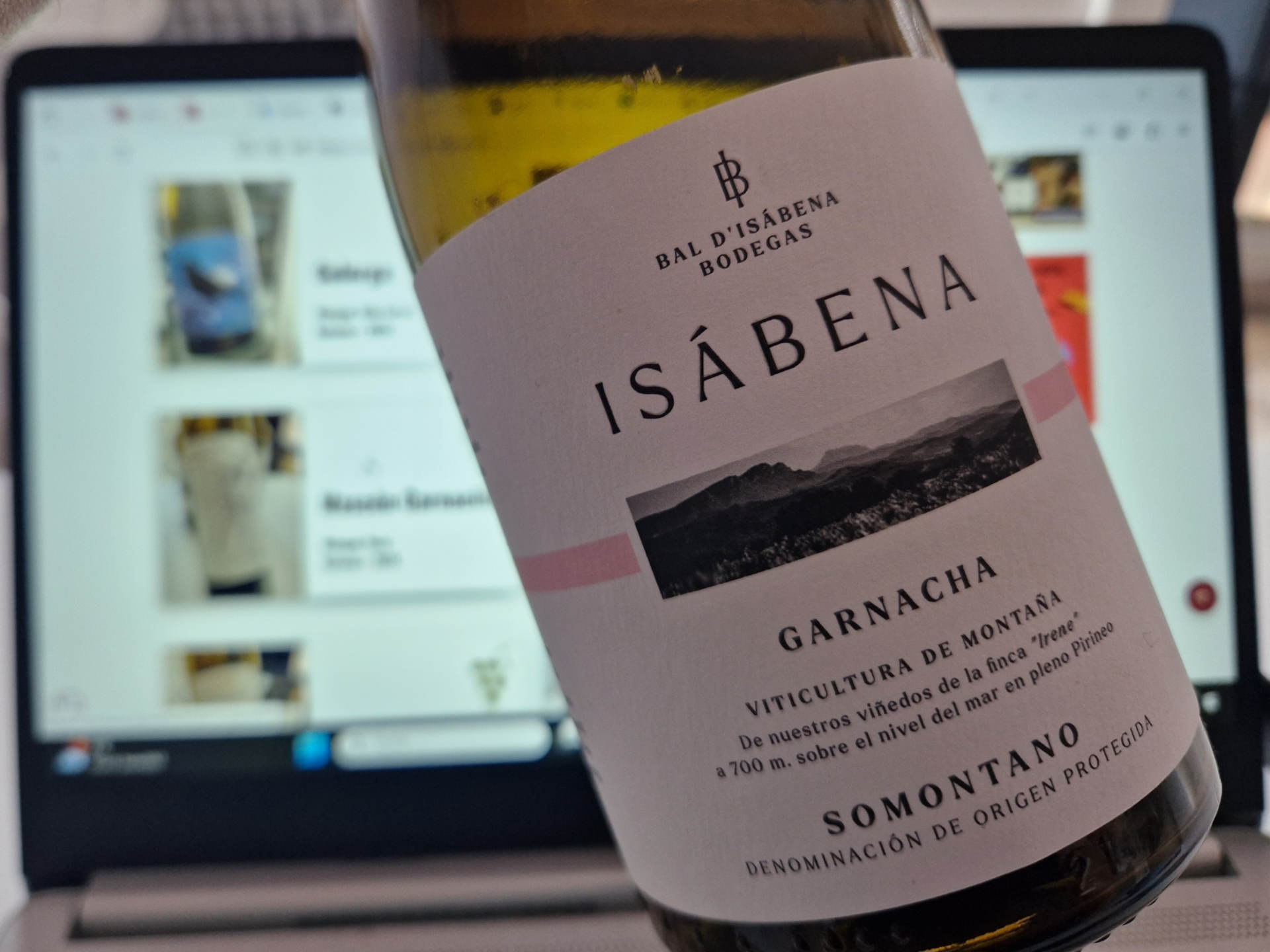 Eine Flasche Wein wird vor einen Computerbildschirm gehalten.