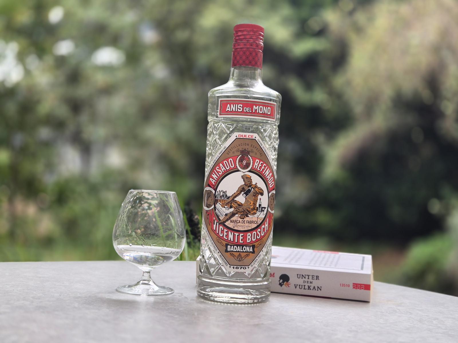 EIne Flasche Anisschnaps mit einem Glas und einem Buch auf einem Tisch