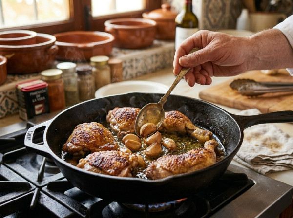 Traditionelles Pollo al Ajillo Rezept: Hähnchen mit Knoblauch und Sherry