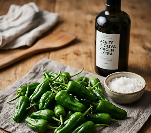 Frische Pimientos de Padrón auf Leinentuch mit Meersalz und Aceite de Oliva Virgen Extra