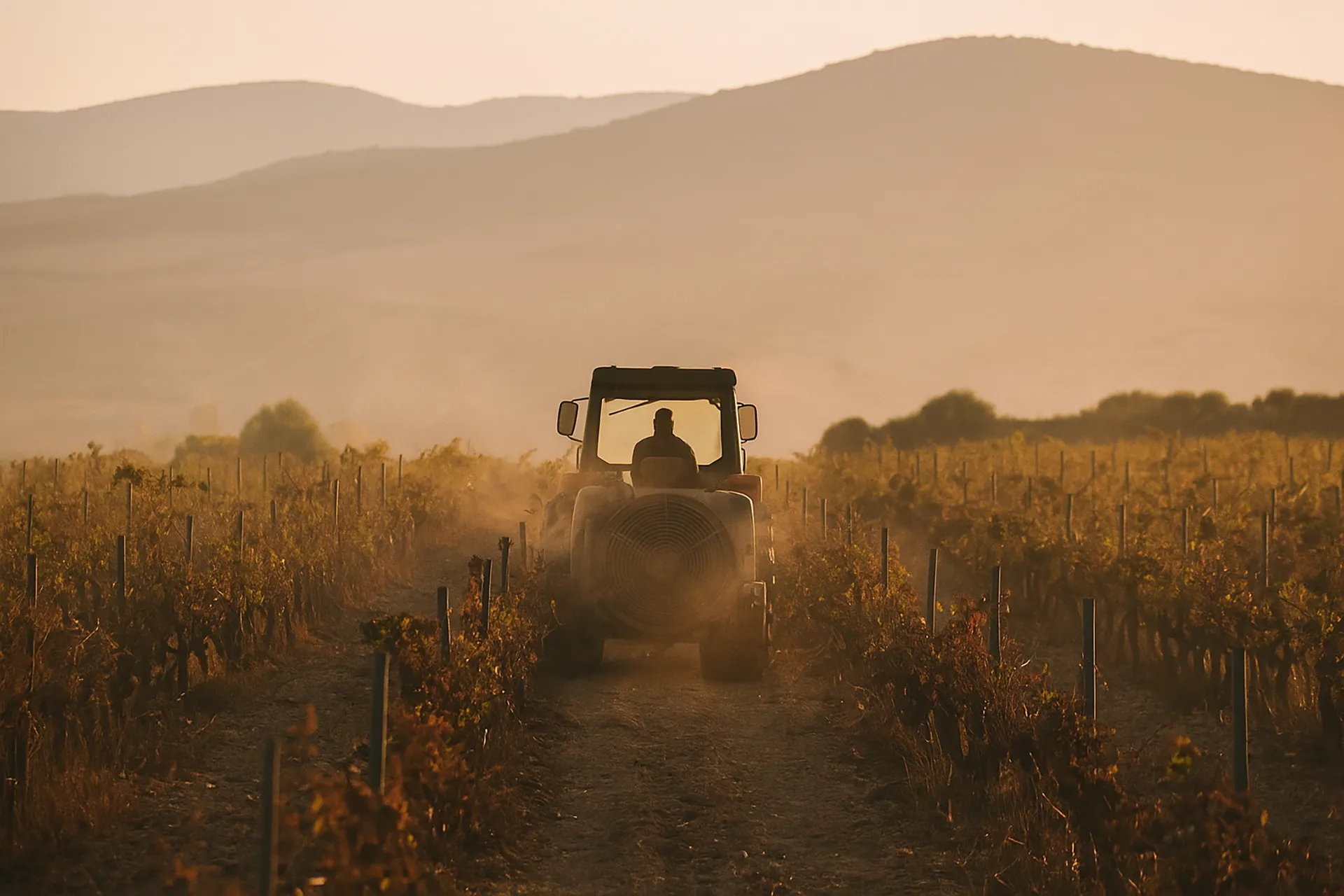 Traktor im Weinberg beim Spritzen